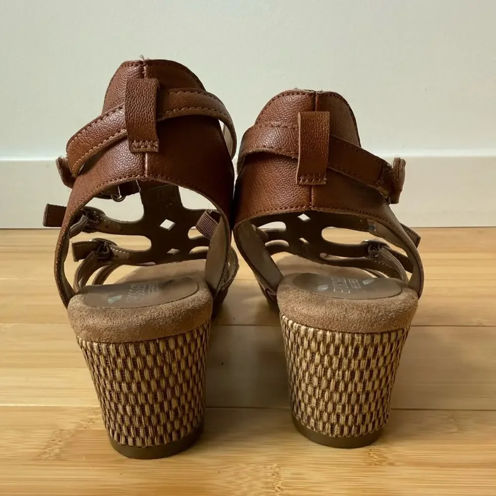 AEROSOLES HEEL REST BROWN LEATHER SPARKLE GLADIATOR ESPADRILLES WEDGES SIZE 9